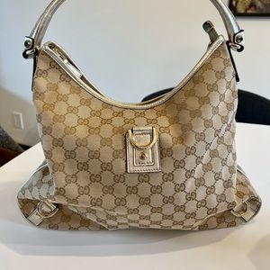 Vintage Gucci- mint condition canvas abbey D-ring hobo bag- cream and gold